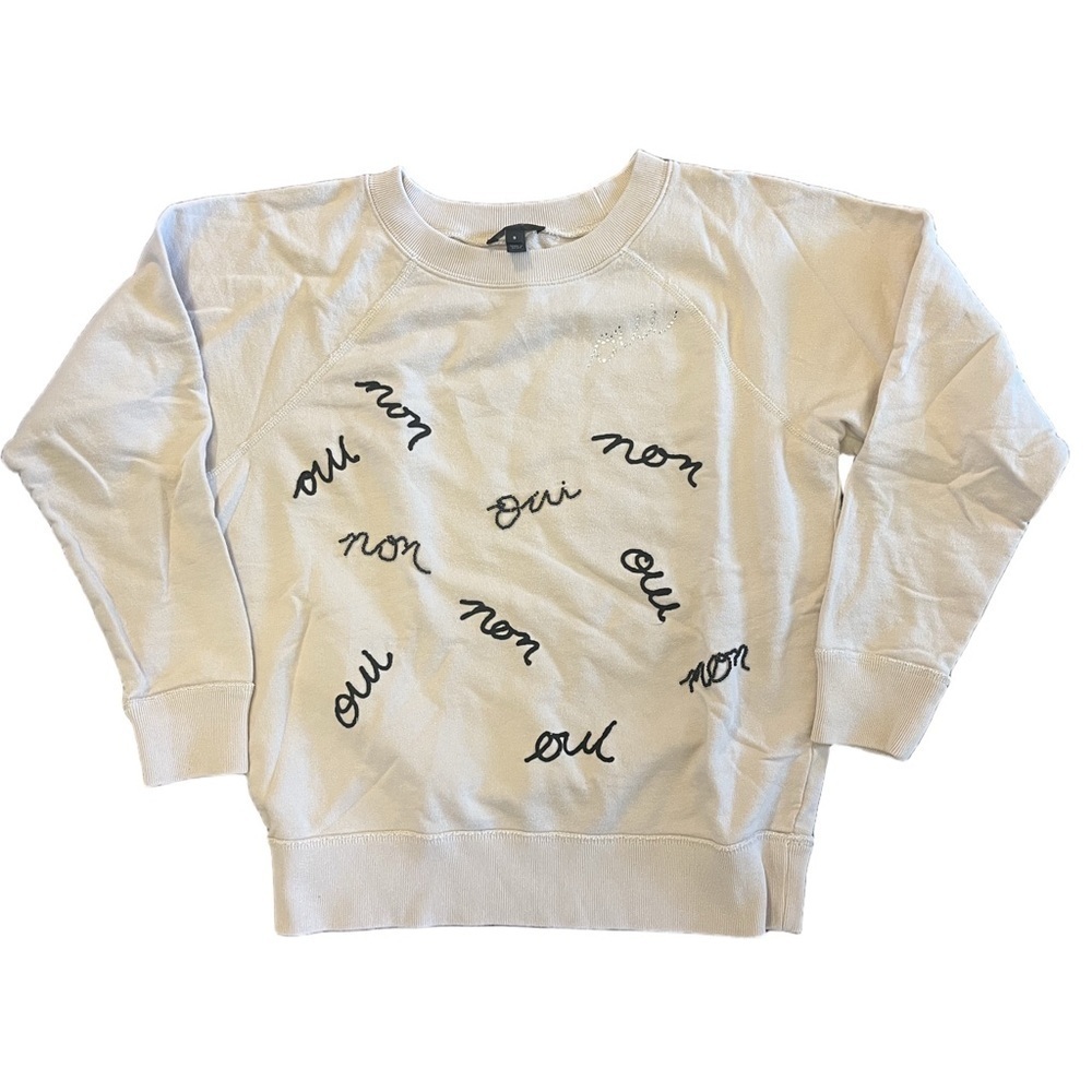J.Crew beige “Oui Non” Beaded long sleeve Frenchie Sweatshirt women’s Small